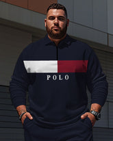 Men's Simple Blue Colorblock Striped Alphabet Print Polo Shirt Zipper Pants Suit